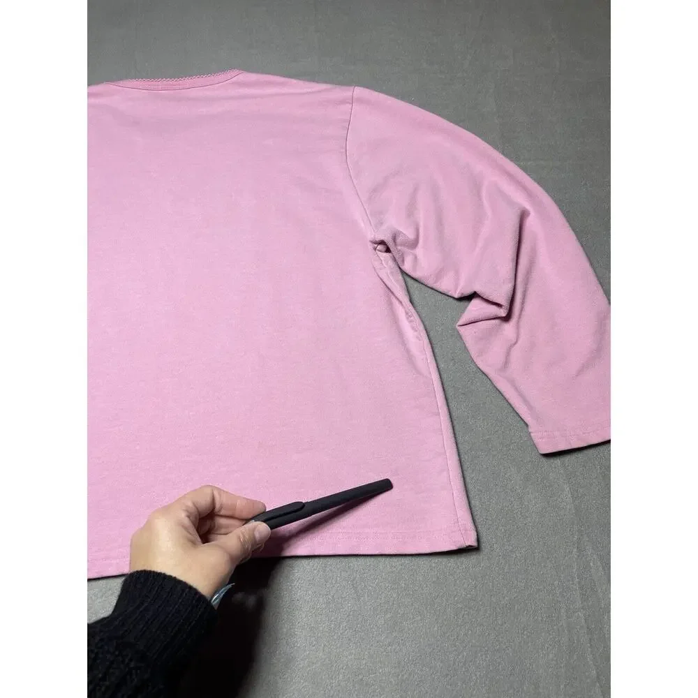 Womens XL Pink Embroidered Shirt 3/4 Sleeves Grandma Cottage Core Floral Cropped
